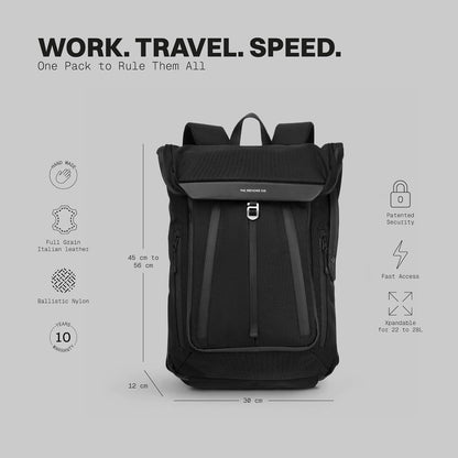 . - Work/Travel Speed Backpack - Expandable 23-30 L Laptop Pack - Anti-theft magnetic closure - Ballistic nylon body with full-grain Italian leather trim