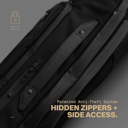 . - Work/Travel Speed Backpack - Expandable 23-30 L Laptop Pack - Anti-theft magnetic closure - Ballistic nylon body with full-grain Italian leather trim