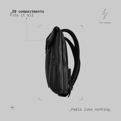 . - Work/Travel Speed Backpack - Expandable 23-30 L Laptop Pack - Anti-theft magnetic closure - Ballistic nylon body with full-grain Italian leather trim