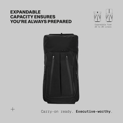 . - Work/Travel Speed Backpack - Expandable 23-30 L Laptop Pack - Anti-theft magnetic closure - Ballistic nylon body with full-grain Italian leather trim