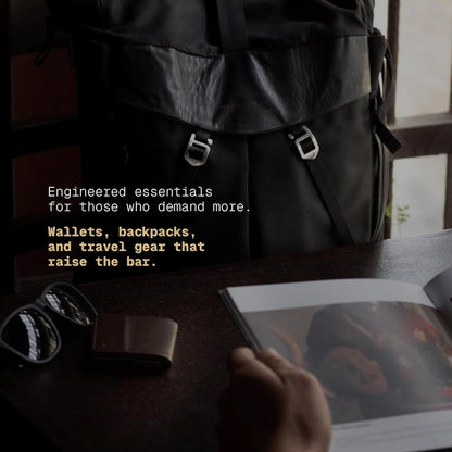 . - Work/Travel Speed Backpack - Expandable 23-30 L Laptop Pack - Anti-theft magnetic closure - Ballistic nylon body with full-grain Italian leather trim