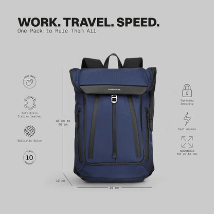 . - Work/Travel Speed Backpack - Expandable 23-30 L Laptop Pack - Anti-theft magnetic closure - Ballistic nylon body with full-grain Italian leather trim