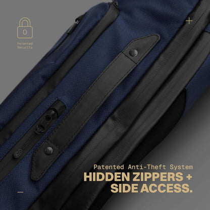 . - Work/Travel Speed Backpack - Expandable 23-30 L Laptop Pack - Anti-theft magnetic closure - Ballistic nylon body with full-grain Italian leather trim