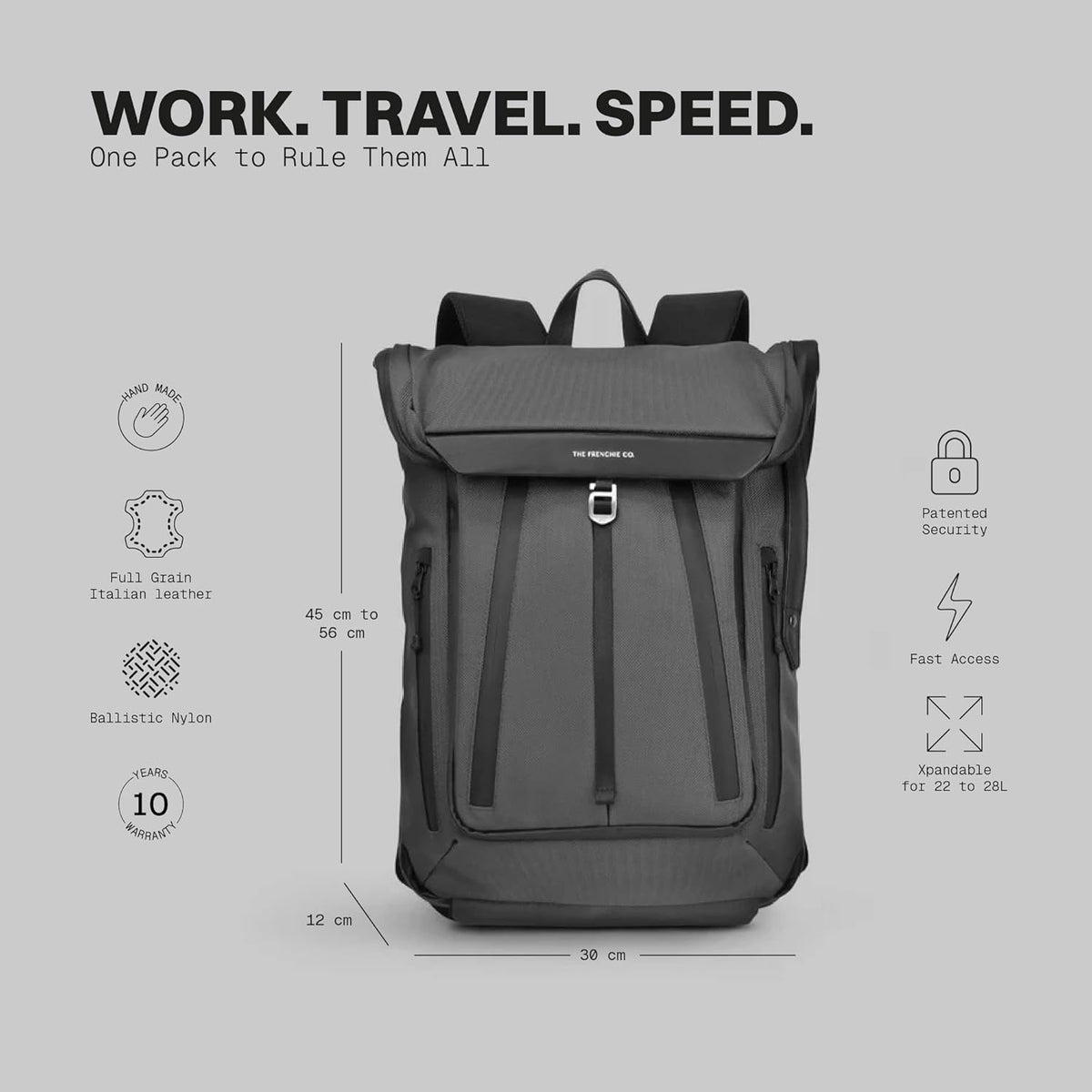 . - Work/Travel Speed Backpack - Expandable 23-30 L Laptop Pack - Anti-theft magnetic closure - Ballistic nylon body with full-grain Italian leather trim