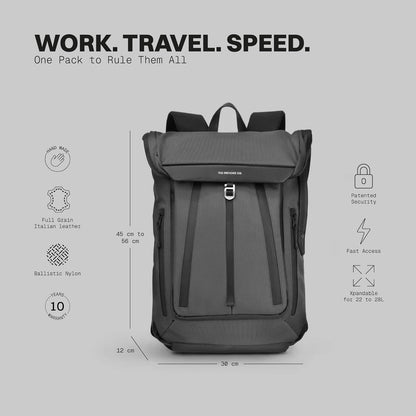 . - Work/Travel Speed Backpack - Expandable 23-30 L Laptop Pack - Anti-theft magnetic closure - Ballistic nylon body with full-grain Italian leather trim