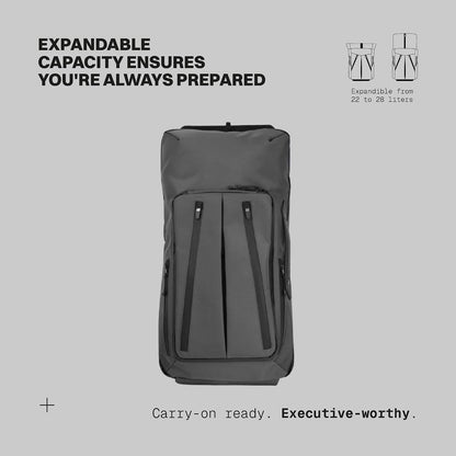 . - Work/Travel Speed Backpack - Expandable 23-30 L Laptop Pack - Anti-theft magnetic closure - Ballistic nylon body with full-grain Italian leather trim