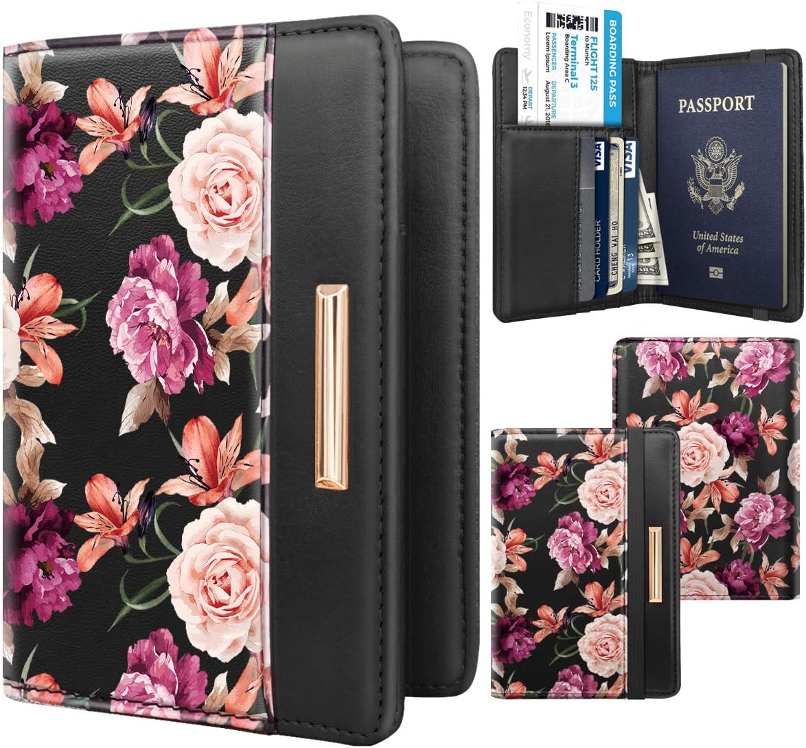 Passport Holder Cover, RFID Travel Wallet Women Card Holder | Travel Essentials, Passport Book Holders, Passport Cover Case, PU Leather, Cute, Thin, Spliced Design, Green Flower - Colors B