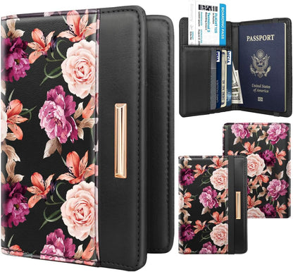 Passport Holder Cover, RFID Travel Wallet Women Card Holder | Travel Essentials, Passport Book Holders, Passport Cover Case, PU Leather, Cute, Thin, Spliced Design, Green Flower - Colors B
