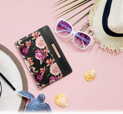 Passport Holder Cover, RFID Travel Wallet Women Card Holder | Travel Essentials, Passport Book Holders, Passport Cover Case, PU Leather, Cute, Thin, Spliced Design, Green Flower - Colors B