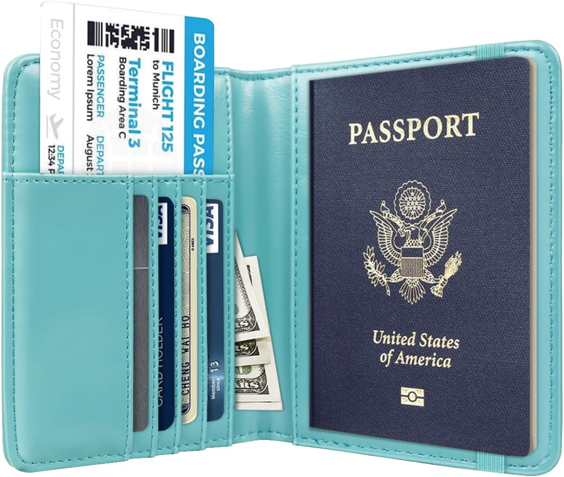 Passport Holder Cover, RFID Travel Wallet Women Card Holder | Travel Essentials, Passport Book Holders, Passport Cover Case, PU Leather, Cute, Thin, Spliced Design, Green Flower - Colors B