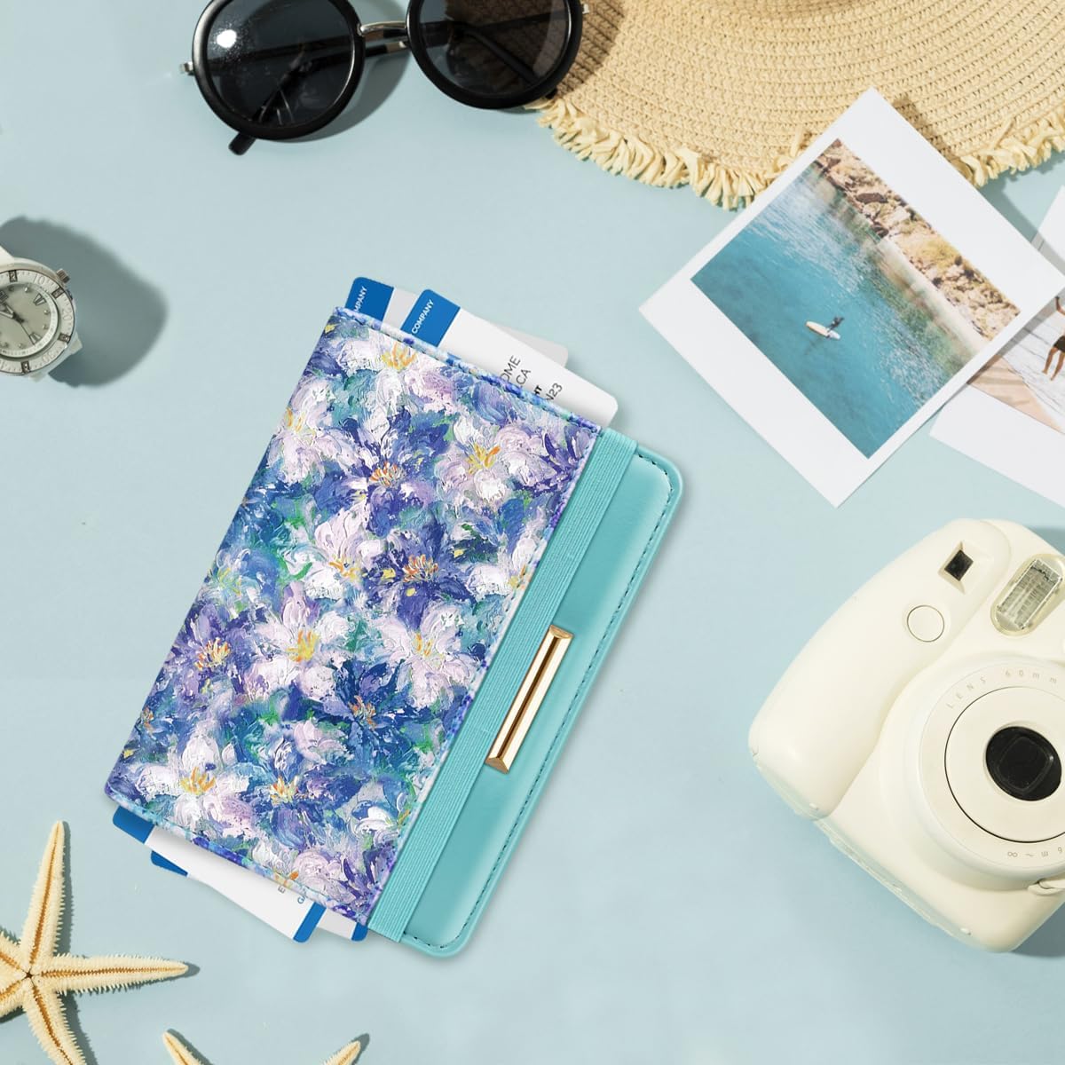 Passport Holder Cover, RFID Travel Wallet Women Card Holder | Travel Essentials, Passport Book Holders, Passport Cover Case, PU Leather, Cute, Thin, Spliced Design, Green Flower - Colors B