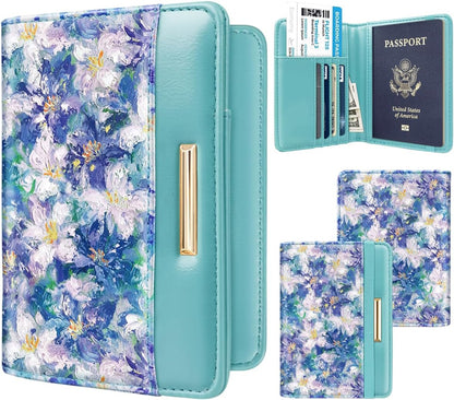 Passport Holder Cover, RFID Travel Wallet Women Card Holder | Travel Essentials, Passport Book Holders, Passport Cover Case, PU Leather, Cute, Thin, Spliced Design, Green Flower - Colors B