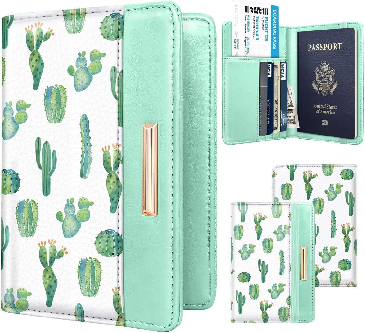 Passport Holder Cover, RFID Travel Wallet Women Card Holder | Travel Essentials, Passport Book Holders, Passport Cover Case, PU Leather, Cute, Thin, Spliced Design, Green Flower - Colors B