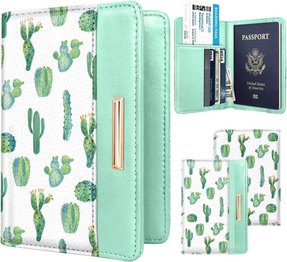 Passport Holder Cover, RFID Travel Wallet Women Card Holder | Travel Essentials, Passport Book Holders, Passport Cover Case, PU Leather, Cute, Thin, Spliced Design, Green Flower - Colors B