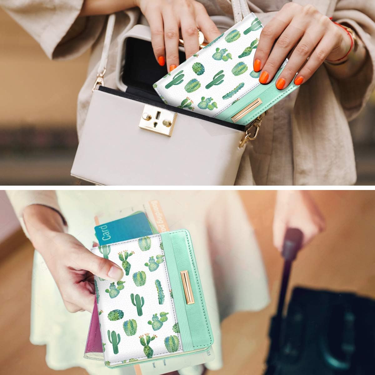 Passport Holder Cover, RFID Travel Wallet Women Card Holder | Travel Essentials, Passport Book Holders, Passport Cover Case, PU Leather, Cute, Thin, Spliced Design, Green Flower - Colors B