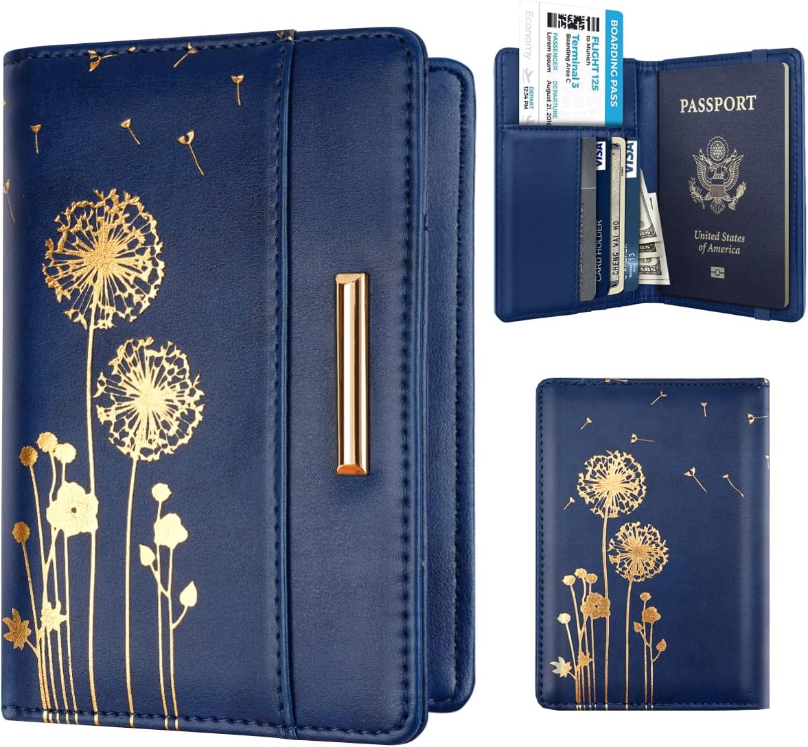Passport Holder Cover, RFID Travel Wallet Women Card Holder | Travel Essentials, Passport Book Holders, Passport Cover Case, PU Leather, Cute, Thin, Spliced Design, Green Flower - Colors B