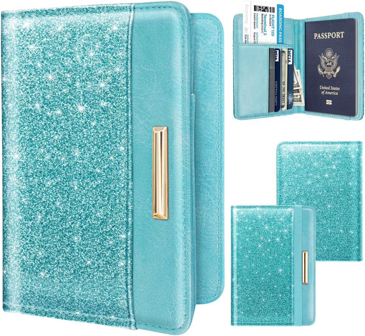 Passport Holder Cover, RFID Travel Wallet Women Card Holder | Travel Essentials, Passport Book Holders, Passport Cover Case, PU Leather, Cute, Thin, Spliced Design, Green Flower - Colors B