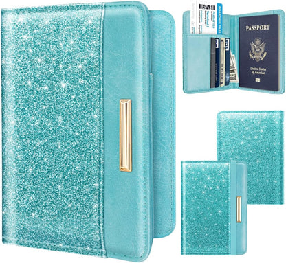 Passport Holder Cover, RFID Travel Wallet Women Card Holder | Travel Essentials, Passport Book Holders, Passport Cover Case, PU Leather, Cute, Thin, Spliced Design, Green Flower - Colors B