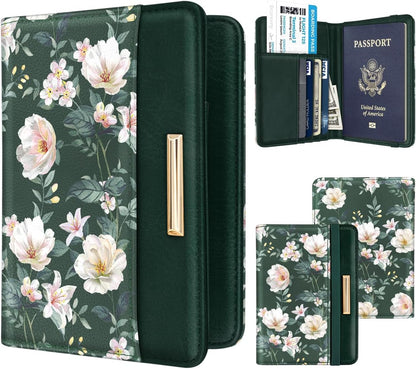Passport Holder Cover, RFID Travel Wallet Women Card Holder | Travel Essentials, Passport Book Holders, Passport Cover Case, PU Leather, Cute, Thin, Spliced Design, Green Flower - Colors B