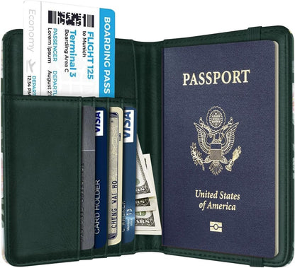 Passport Holder Cover, RFID Travel Wallet Women Card Holder | Travel Essentials, Passport Book Holders, Passport Cover Case, PU Leather, Cute, Thin, Spliced Design, Green Flower - Colors B
