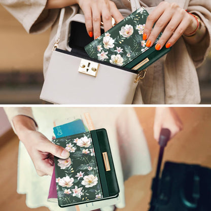 Passport Holder Cover, RFID Travel Wallet Women Card Holder | Travel Essentials, Passport Book Holders, Passport Cover Case, PU Leather, Cute, Thin, Spliced Design, Green Flower - Colors B