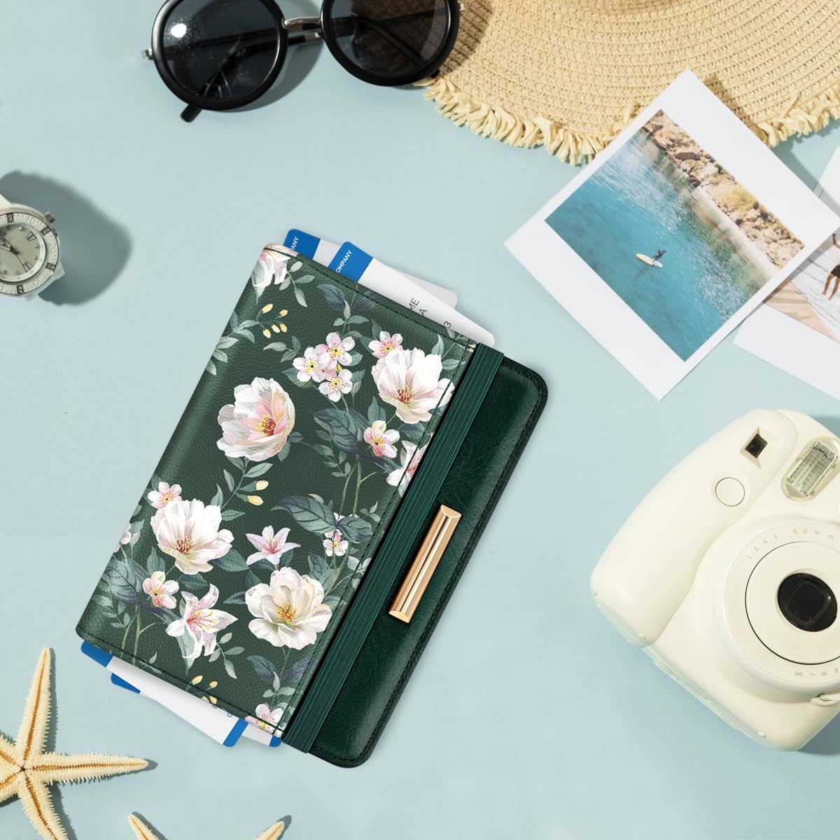 Passport Holder Cover, RFID Travel Wallet Women Card Holder | Travel Essentials, Passport Book Holders, Passport Cover Case, PU Leather, Cute, Thin, Spliced Design, Green Flower - Colors B