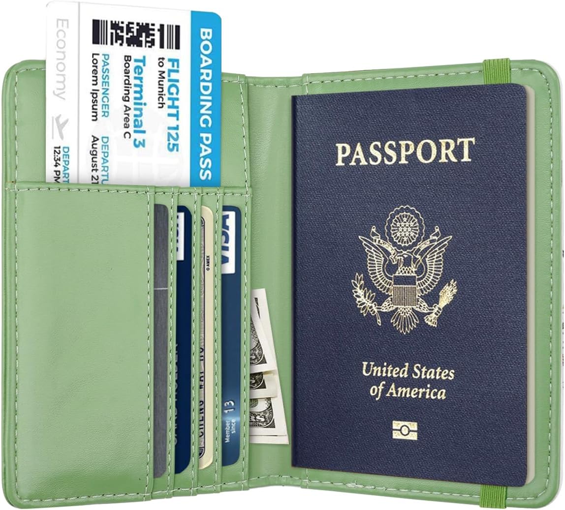 Passport Holder Cover, RFID Travel Wallet Women Card Holder | Travel Essentials, Passport Book Holders, Passport Cover Case, PU Leather, Cute, Thin, Spliced Design, Green Flower - Colors B