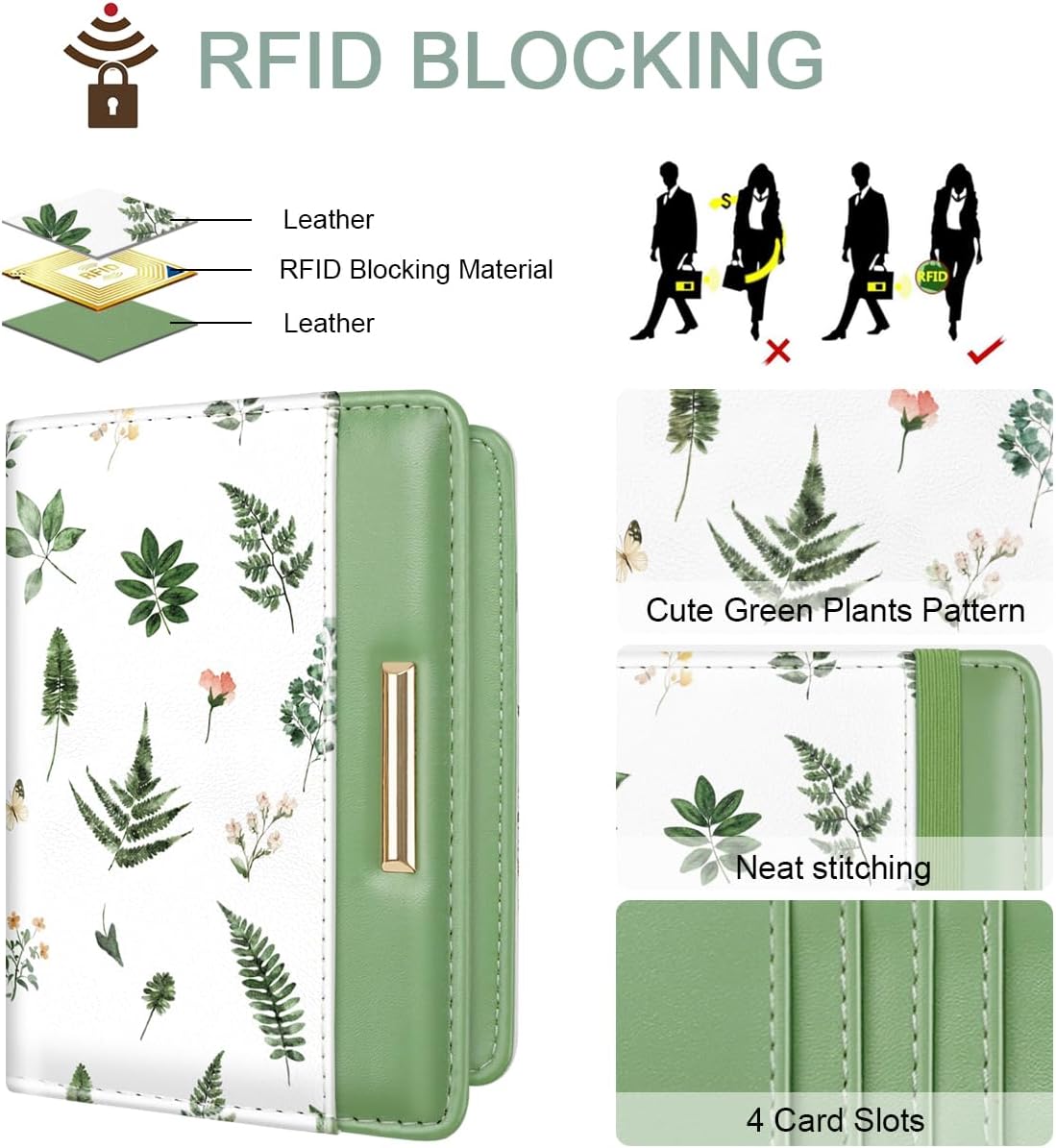Passport Holder Cover, RFID Travel Wallet Women Card Holder | Travel Essentials, Passport Book Holders, Passport Cover Case, PU Leather, Cute, Thin, Spliced Design, Green Flower - Colors B