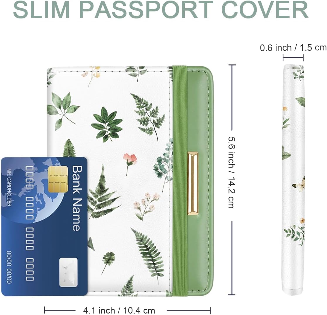 Passport Holder Cover, RFID Travel Wallet Women Card Holder | Travel Essentials, Passport Book Holders, Passport Cover Case, PU Leather, Cute, Thin, Spliced Design, Green Flower - Colors B