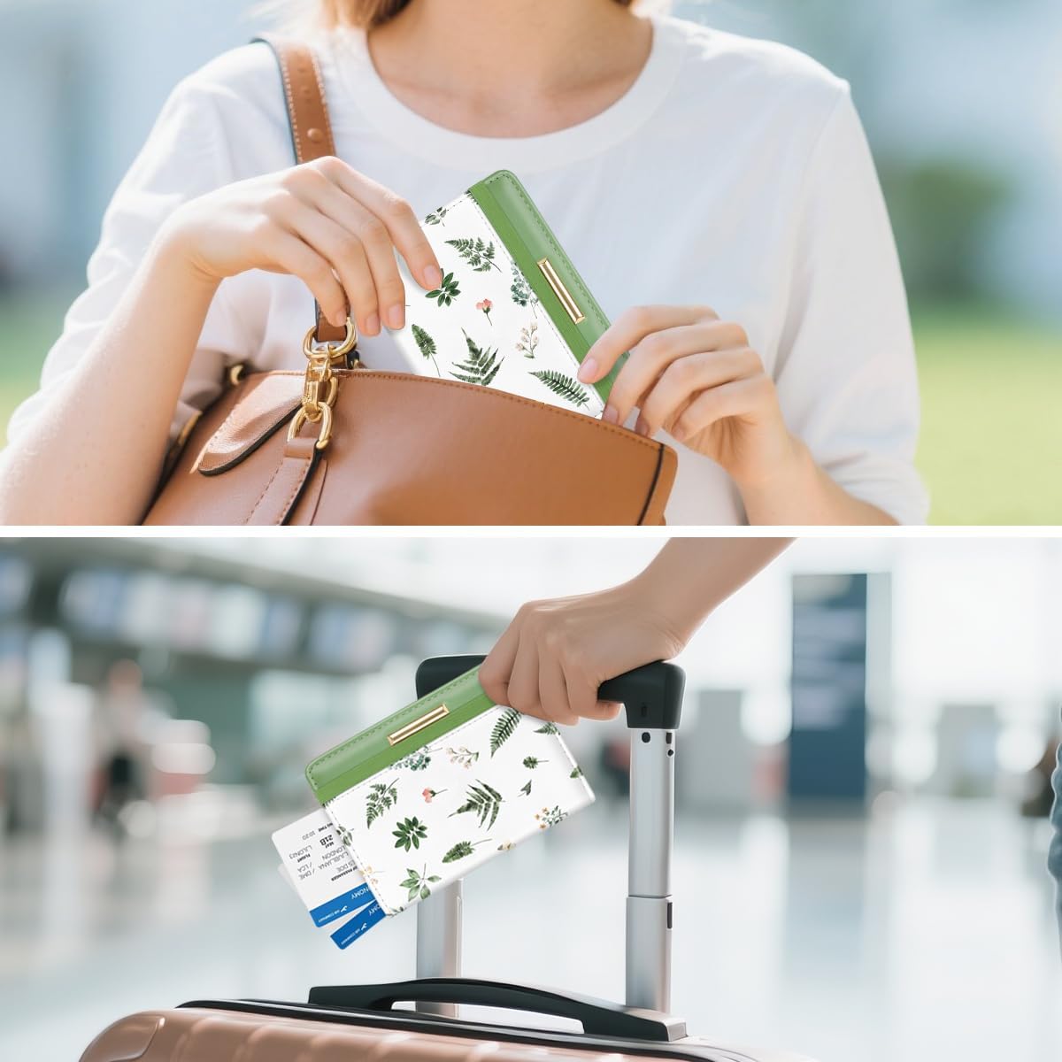 Passport Holder Cover, RFID Travel Wallet Women Card Holder | Travel Essentials, Passport Book Holders, Passport Cover Case, PU Leather, Cute, Thin, Spliced Design, Green Flower - Colors B