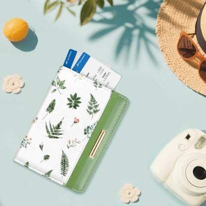 Passport Holder Cover, RFID Travel Wallet Women Card Holder | Travel Essentials, Passport Book Holders, Passport Cover Case, PU Leather, Cute, Thin, Spliced Design, Green Flower - Colors B