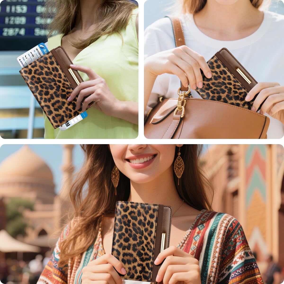 Passport Holder Cover, RFID Travel Wallet Women Card Holder | Travel Essentials, Passport Book Holders, Passport Cover Case, PU Leather, Cute, Thin, Spliced Design, Green Flower - Colors B