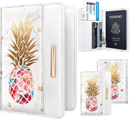 Passport Holder Cover, RFID Travel Wallet Women Card Holder | Travel Essentials, Passport Book Holders, Passport Cover Case, PU Leather, Cute, Thin, Spliced Design, Green Flower - Colors B