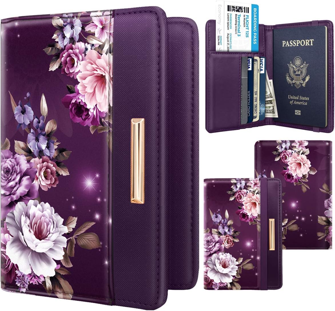 Passport Holder Cover, RFID Travel Wallet Women Card Holder | Travel Essentials, Passport Book Holders, Passport Cover Case, PU Leather, Cute, Thin, Spliced Design, Green Flower - Colors B