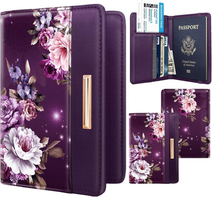 Passport Holder Cover, RFID Travel Wallet Women Card Holder | Travel Essentials, Passport Book Holders, Passport Cover Case, PU Leather, Cute, Thin, Spliced Design, Green Flower - Colors B