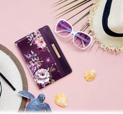 Passport Holder Cover, RFID Travel Wallet Women Card Holder | Travel Essentials, Passport Book Holders, Passport Cover Case, PU Leather, Cute, Thin, Spliced Design, Green Flower - Colors B