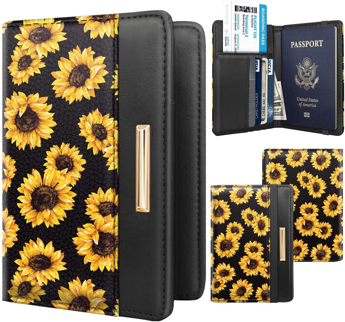 Passport Holder Cover, RFID Travel Wallet Women Card Holder | Travel Essentials, Passport Book Holders, Passport Cover Case, PU Leather, Cute, Thin, Spliced Design, Green Flower - Colors B