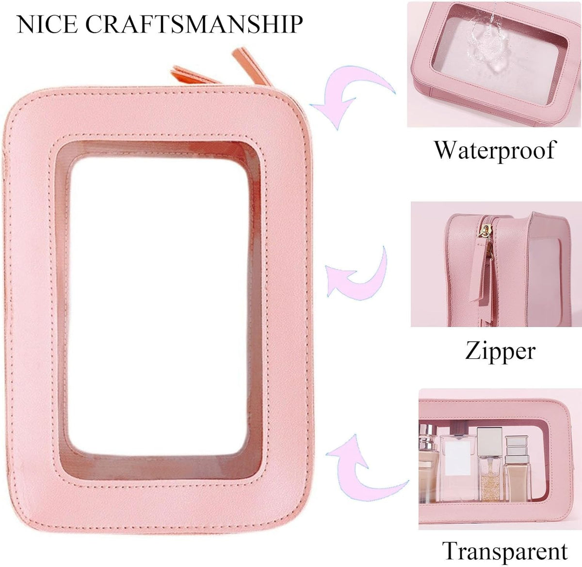 Clear Portable Makeup Bag Organizer TSA Approved Travel Toiletry Bag for Women Multipurpose Cosmetic Bag Case with Zipper with Transparent Vinyl Windows & Handle Strap