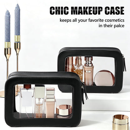 Clear Portable Makeup Bag Organizer TSA Approved Travel Toiletry Bag for Women Multipurpose Cosmetic Bag Case with Zipper with Transparent Vinyl Windows & Handle Strap