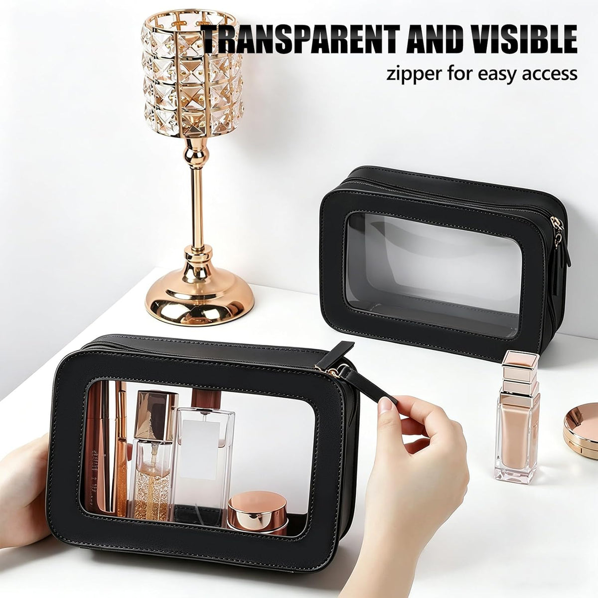 Clear Portable Makeup Bag Organizer TSA Approved Travel Toiletry Bag for Women Multipurpose Cosmetic Bag Case with Zipper with Transparent Vinyl Windows & Handle Strap
