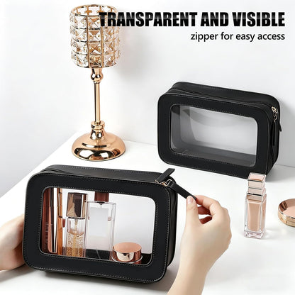 Clear Portable Makeup Bag Organizer TSA Approved Travel Toiletry Bag for Women Multipurpose Cosmetic Bag Case with Zipper with Transparent Vinyl Windows & Handle Strap