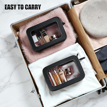 Clear Portable Makeup Bag Organizer TSA Approved Travel Toiletry Bag for Women Multipurpose Cosmetic Bag Case with Zipper with Transparent Vinyl Windows & Handle Strap