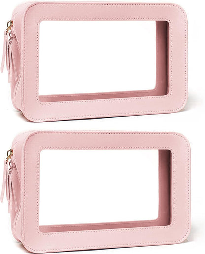 Clear Portable Makeup Bag Organizer TSA Approved Travel Toiletry Bag for Women Multipurpose Cosmetic Bag Case with Zipper with Transparent Vinyl Windows & Handle Strap