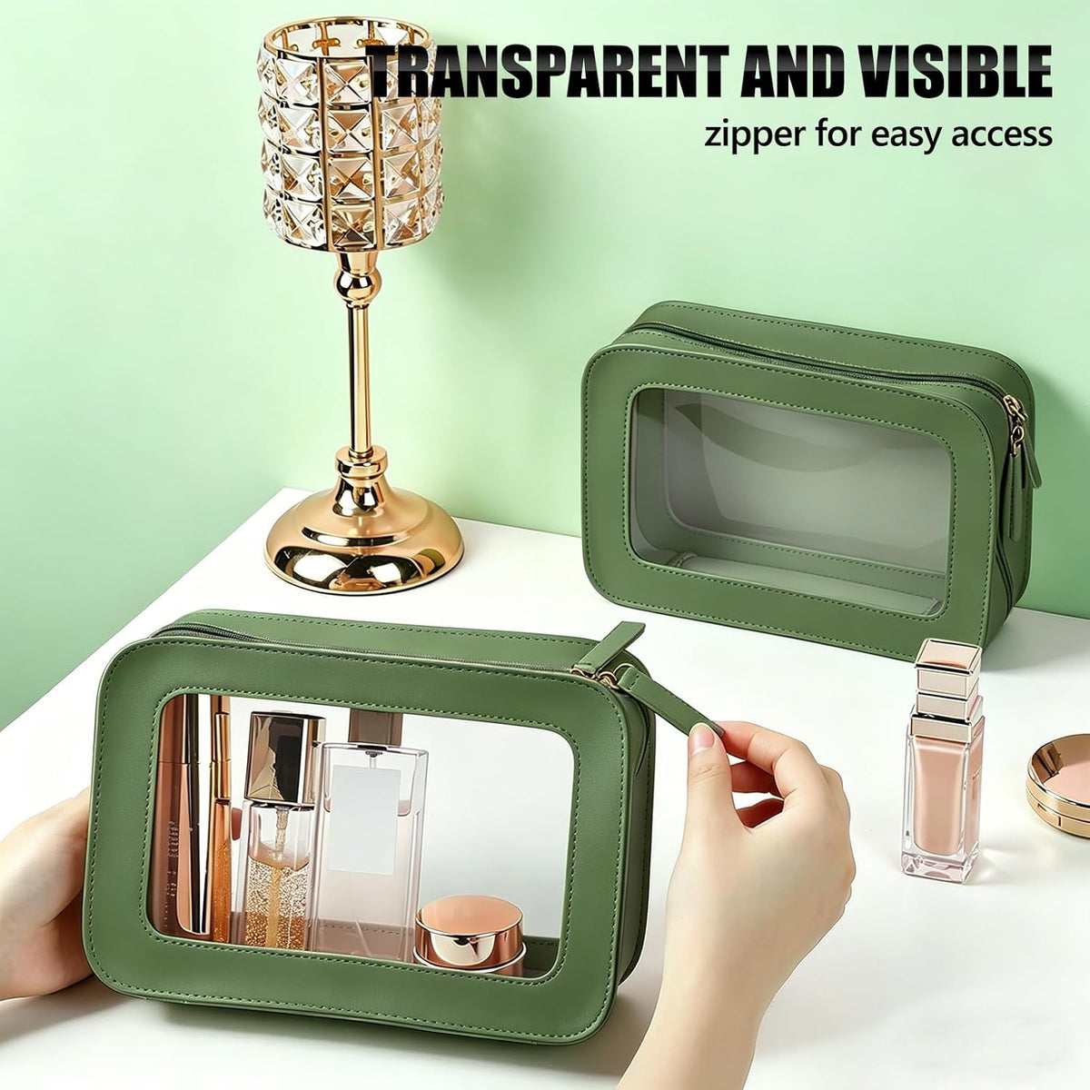 Clear Portable Makeup Bag Organizer TSA Approved Travel Toiletry Bag for Women Multipurpose Cosmetic Bag Case with Zipper with Transparent Vinyl Windows & Handle Strap
