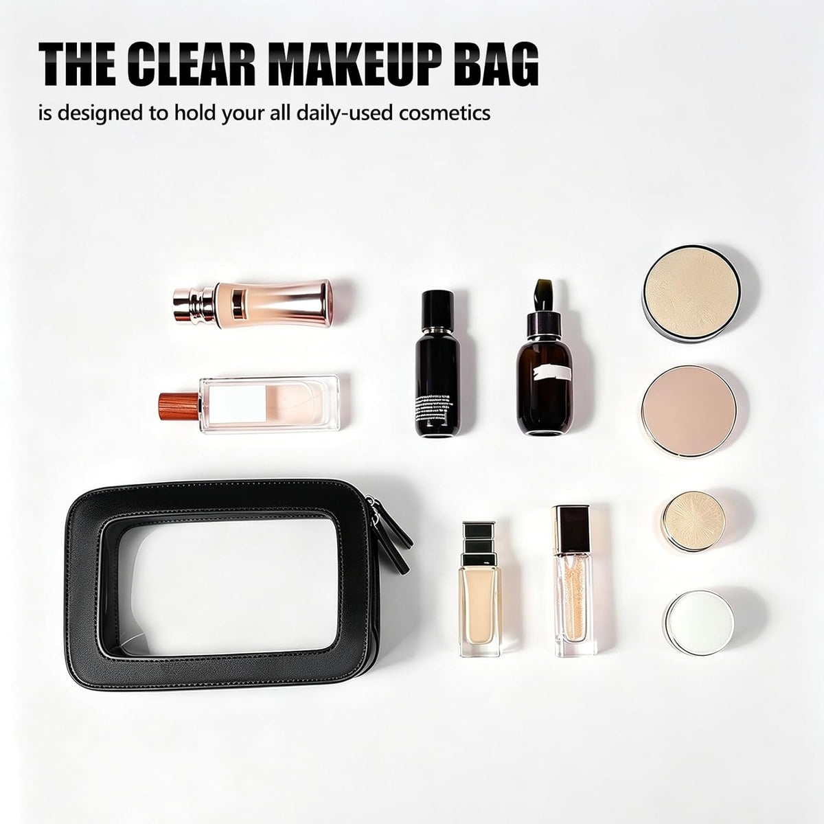 Clear Portable Makeup Bag Organizer TSA Approved Travel Toiletry Bag for Women Multipurpose Cosmetic Bag Case with Zipper with Transparent Vinyl Windows & Handle Strap