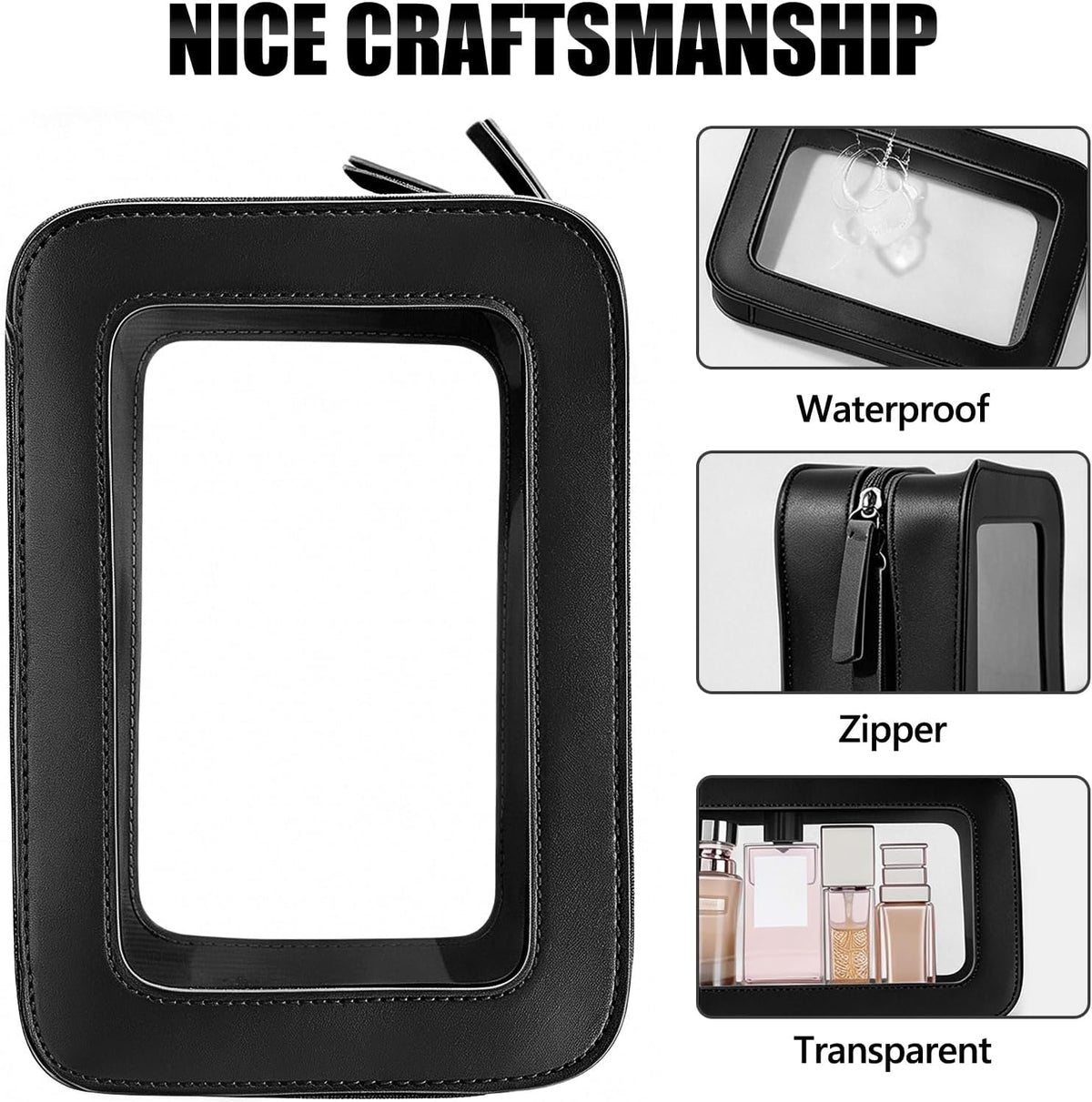 Clear Portable Makeup Bag Organizer TSA Approved Travel Toiletry Bag for Women Multipurpose Cosmetic Bag Case with Zipper with Transparent Vinyl Windows & Handle Strap