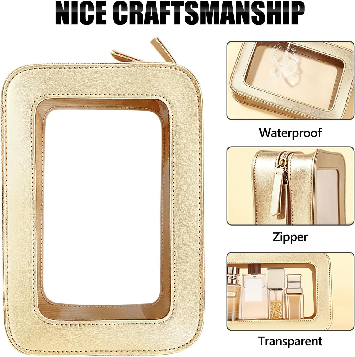 Clear Portable Makeup Bag Organizer TSA Approved Travel Toiletry Bag for Women Multipurpose Cosmetic Bag Case with Zipper with Transparent Vinyl Windows & Handle Strap