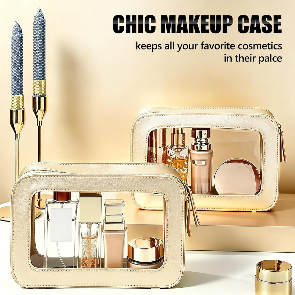 Clear Portable Makeup Bag Organizer TSA Approved Travel Toiletry Bag for Women Multipurpose Cosmetic Bag Case with Zipper with Transparent Vinyl Windows & Handle Strap