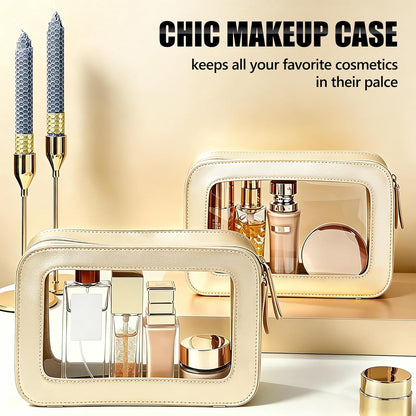 Clear Portable Makeup Bag Organizer TSA Approved Travel Toiletry Bag for Women Multipurpose Cosmetic Bag Case with Zipper with Transparent Vinyl Windows & Handle Strap