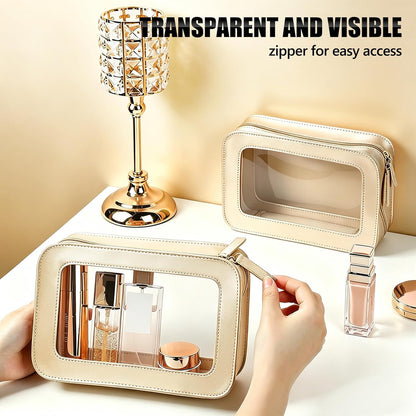 Clear Portable Makeup Bag Organizer TSA Approved Travel Toiletry Bag for Women Multipurpose Cosmetic Bag Case with Zipper with Transparent Vinyl Windows & Handle Strap